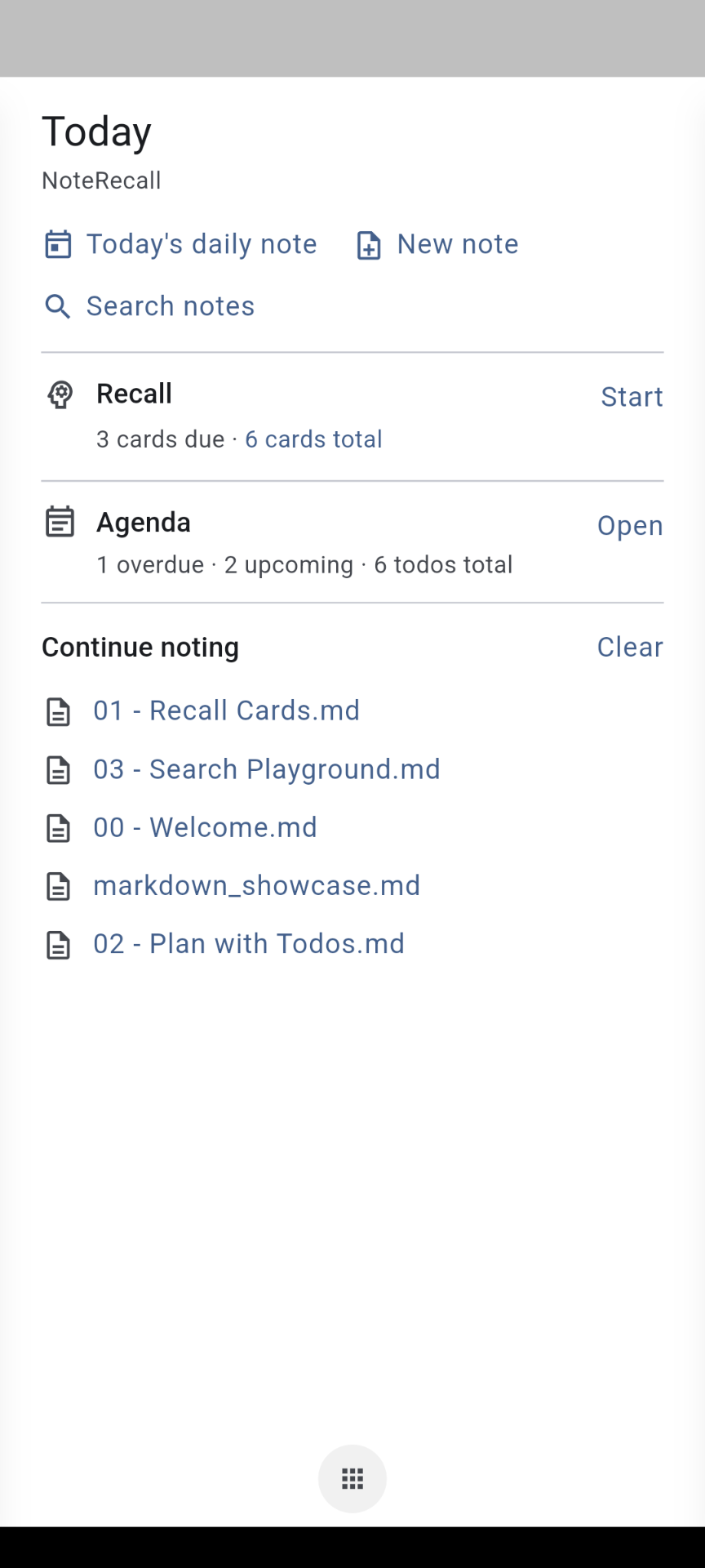 The NoteRecall mobile Today screen with quick note, search, recall, agenda, and recent-note actions