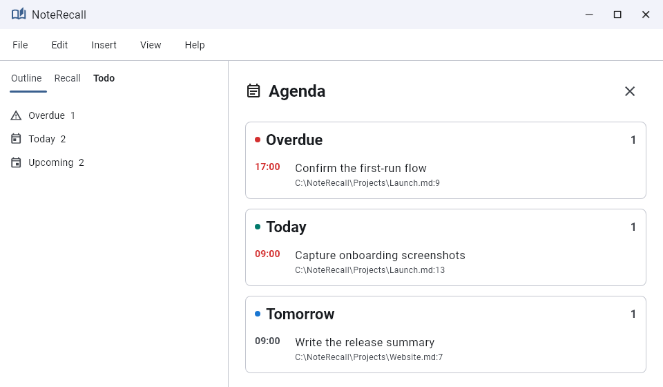 The NoteRecall Agenda showing overdue and upcoming tasks