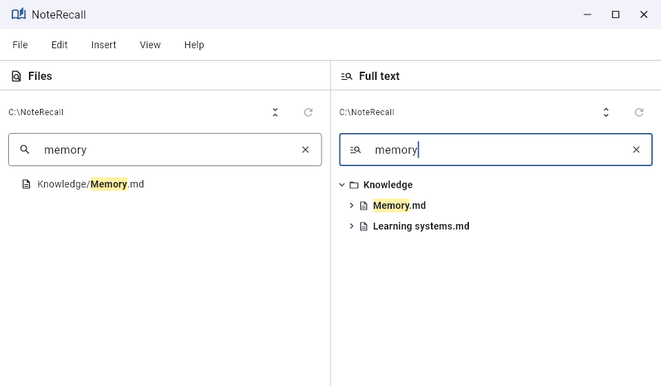 Filename and full-text search in NoteRecall