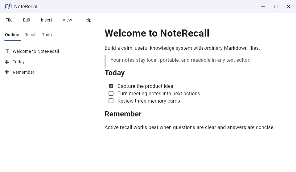 NoteRecall showing a Markdown note, outline, tasks, and recall content